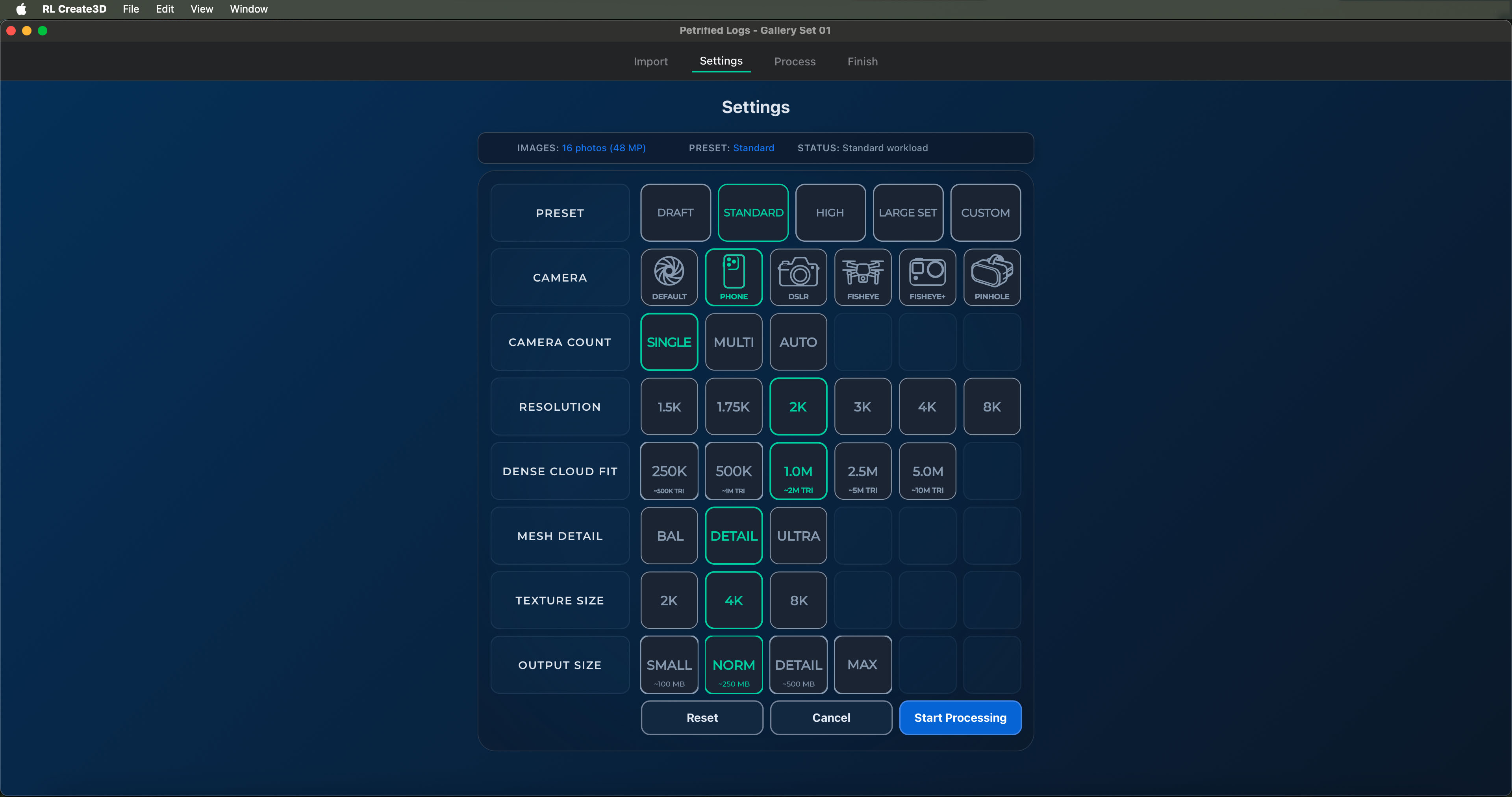 Create3D one-page build settings screen